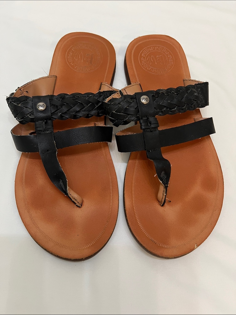 Mission for Target Braided Black Leather Toe-Post Sandals with Cognac Footbed